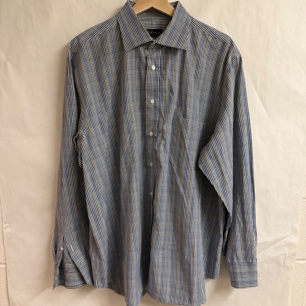 Canali Mens Blue‎ Brown Gingham Micro Check Dress Button Shirt Made in Italy